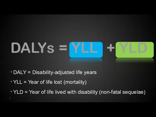 DALYs = YLL + YLD DALY = Disability-adjusted life years