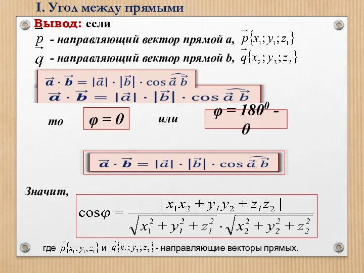 I. Угол между прямыми φ = θ φ = 1800