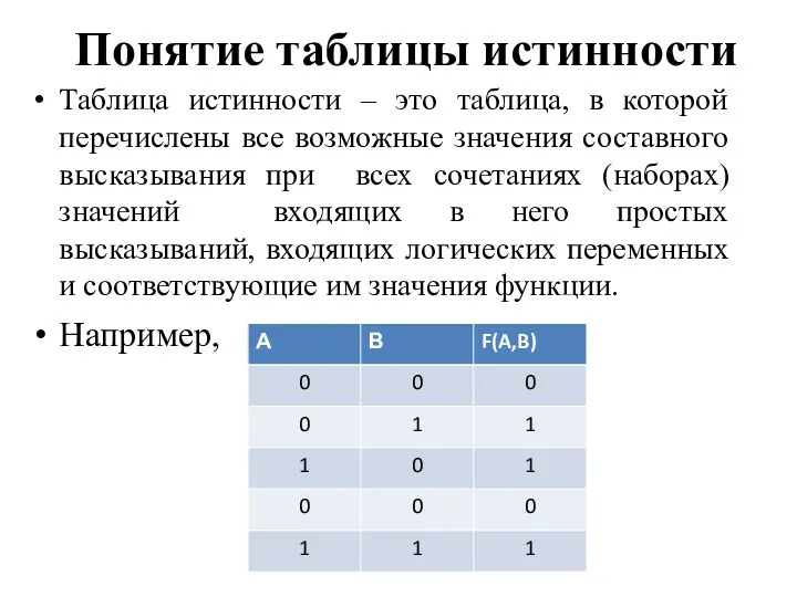 Понятие таблицы истинности Таблица истинности – это таблица, в которой