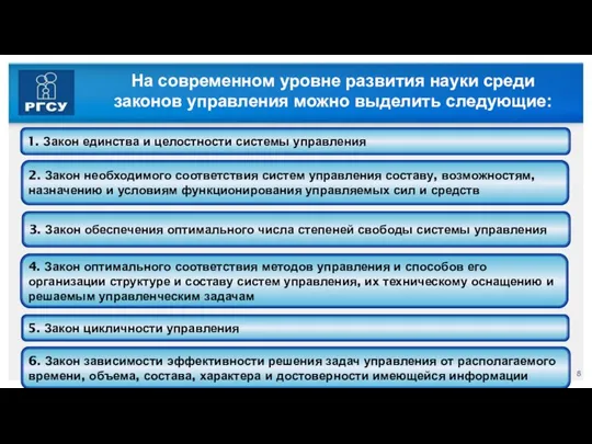 На современном уровне развития науки среди законов управления можно выделить