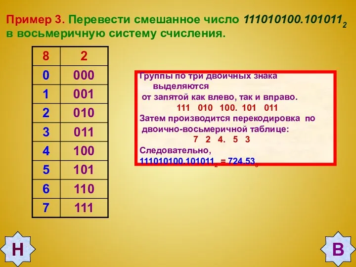 Пример 3. Перевести смешанное число 111010100.1010112 в восьмеричную систему счисления.