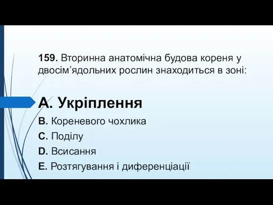 159. Вторинна анатомiчна будова кореня у двосiм’ядольних рослин знаходиться в