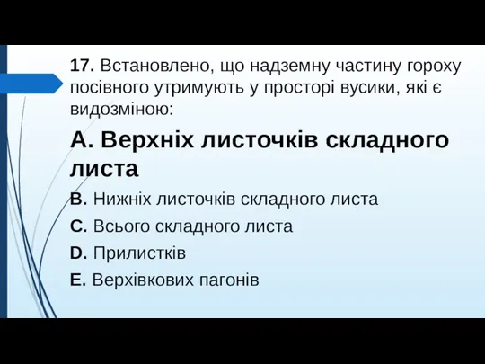 17. Встановлено, що надземну частину гороху посiвного утримують у просторi