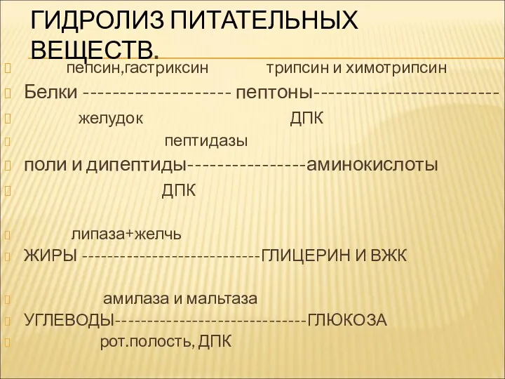 ГИДРОЛИЗ ПИТАТЕЛЬНЫХ ВЕЩЕСТВ. пепсин,гастриксин трипсин и химотрипсин Белки -------------------- пептоны-------------------------