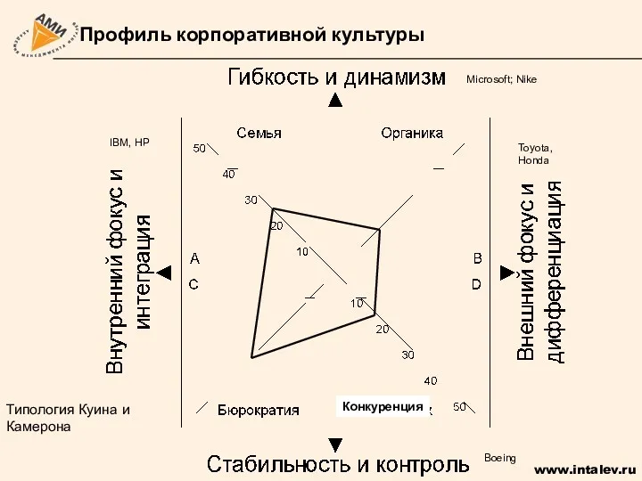 Профиль корпоративной культуры Типология Куина и Камерона Microsoft; Nike Boeing IBM, HP Toyota, Honda