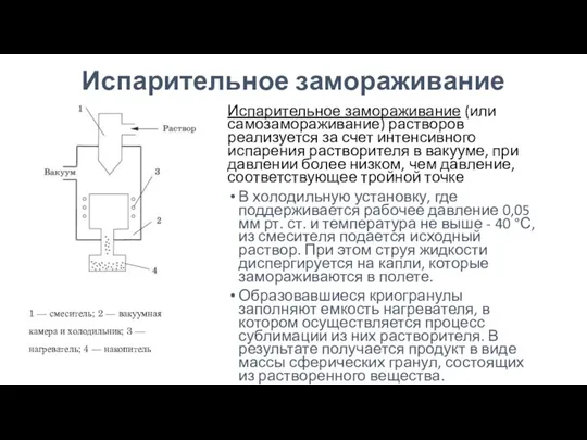 Испарительное замораживание Испарительное замораживание (или самозамораживание) растворов реализуется за счет интенсивного испарения растворителя