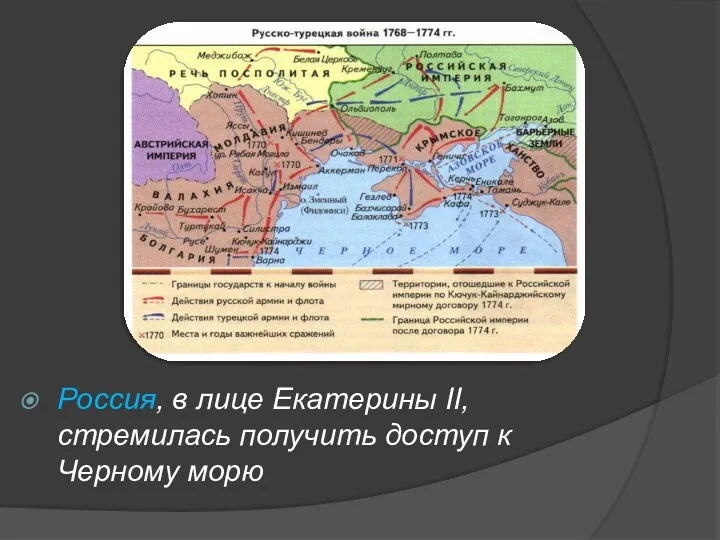 Россия, в лице Екатерины II, стремилась получить доступ к Черному морю
