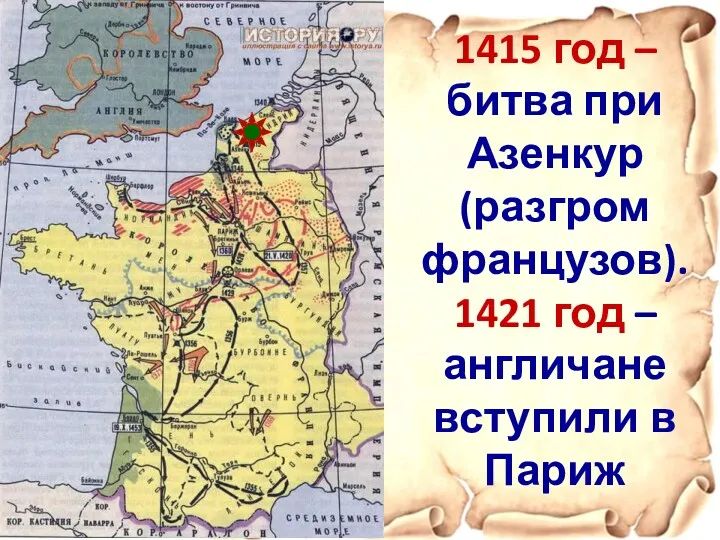 1415 год – битва при Азенкур (разгром французов). 1421 год – англичане вступили в Париж