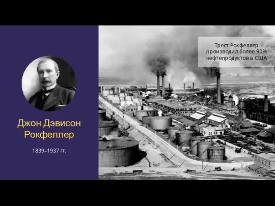 Джон Дэвисон Рокфеллер 1839–1937 гг. Трест Рокфеллер производил более 90% нефтепродуктов в США