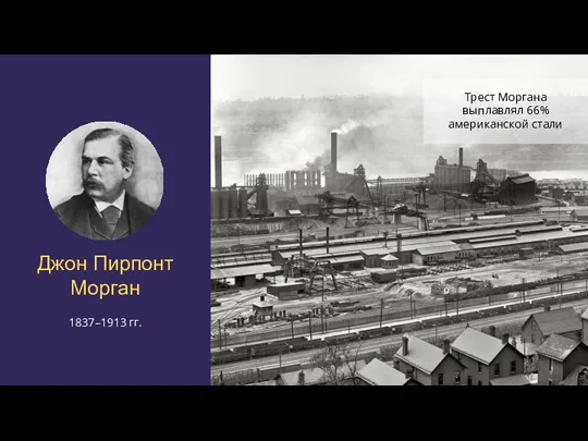Джон Пирпонт Морган 1837–1913 гг. Трест Моргана выплавлял 66% американской стали