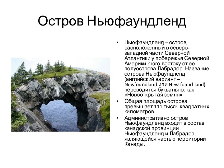 Остров Ньюфаундленд Ньюфаундленд – остров, расположенный в северо-западной части Северной