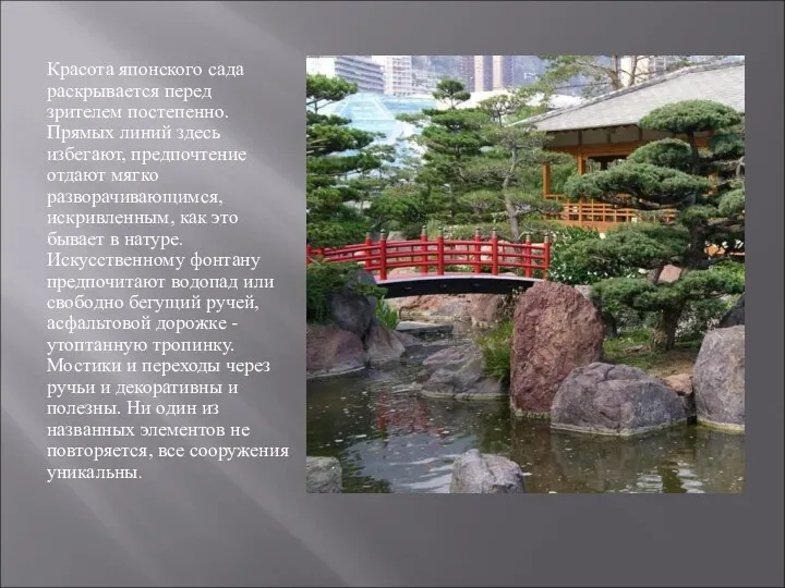 Красота японского сада раскрывается перед зрителем постепенно. Прямых линий здесь