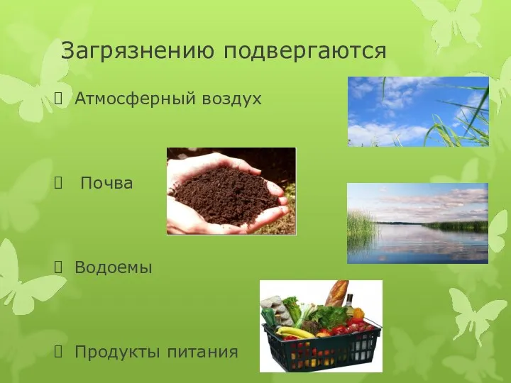 Загрязнению подвергаются Атмосферный воздух Почва Водоемы Продукты питания