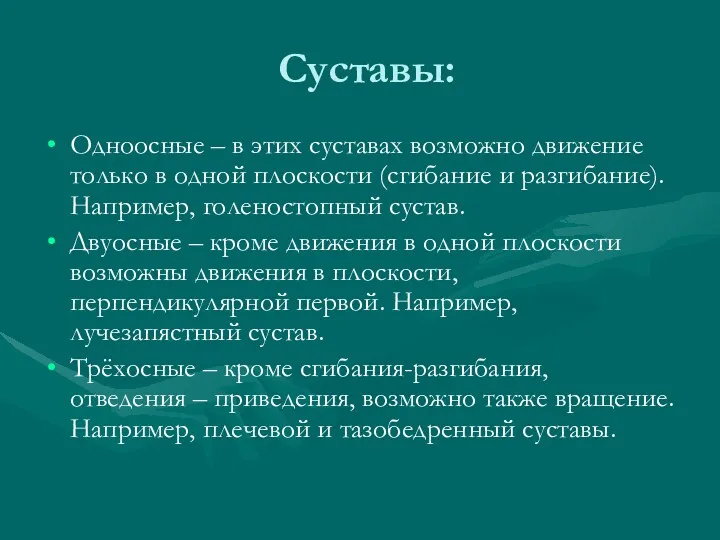 Суставы: Одноосные – в этих суставах возможно движение только в