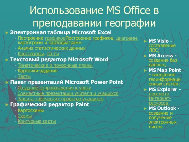 Использование MS Office в преподавании географии Электронная таблица Microsoft Excel