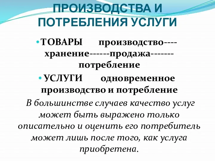 НЕРАЗРЫВНОСТЬ ПРОИЗВОДСТВА И ПОТРЕБЛЕНИЯ УСЛУГИ ТОВАРЫ производство----хранение------продажа-------потребление УСЛУГИ одновременное производство и потребление В