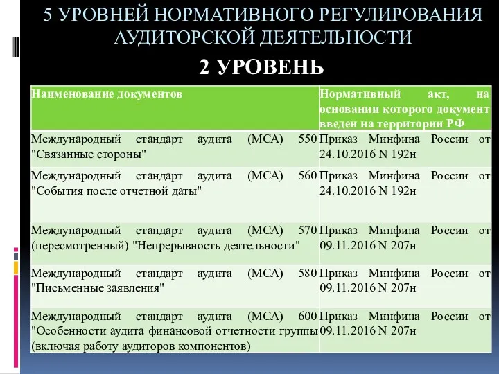 5 УРОВНЕЙ НОРМАТИВНОГО РЕГУЛИРОВАНИЯ АУДИТОРСКОЙ ДЕЯТЕЛЬНОСТИ 2 УРОВЕНЬ