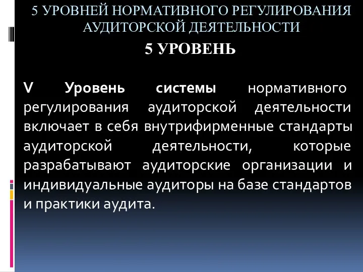 5 УРОВНЕЙ НОРМАТИВНОГО РЕГУЛИРОВАНИЯ АУДИТОРСКОЙ ДЕЯТЕЛЬНОСТИ 5 УРОВЕНЬ V Уровень