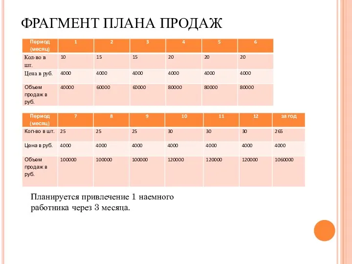 ФРАГМЕНТ ПЛАНА ПРОДАЖ Планируется привлечение 1 наемного работника через 3 месяца.