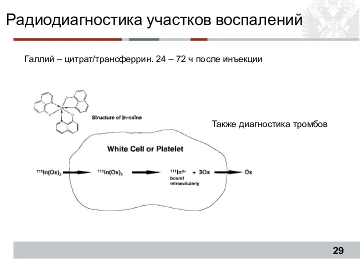 Радиодиагностика участков воспалений Галлий – цитрат/трансферрин. 24 – 72 ч после инъекции Также диагностика тромбов Так\nfr;t