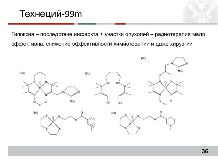 Технеций-99m Гипоксия – последствие инфаркта + участки опухолей – радиотерапия