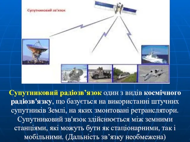 Супутниковий радіозв’язок один з видів космічного радіозв'язку, що базується на