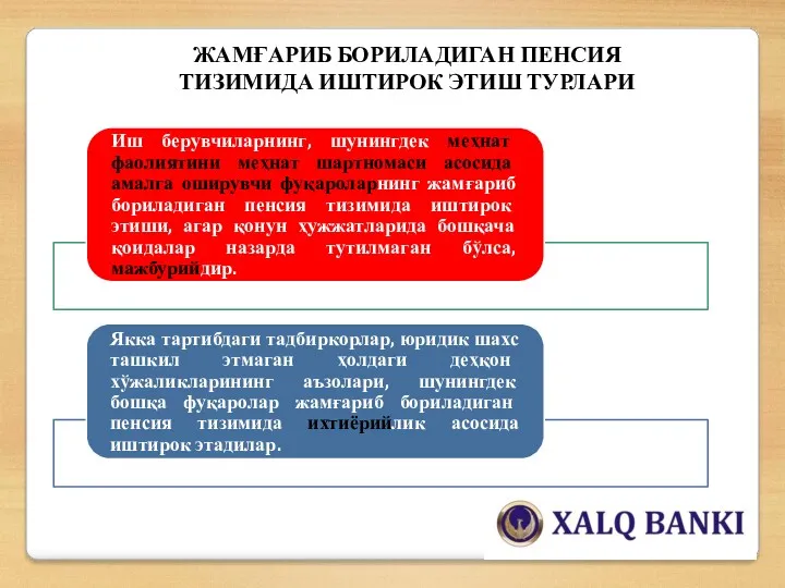 ЖАМҒАРИБ БОРИЛАДИГАН ПЕНСИЯ ТИЗИМИДА ИШТИРОК ЭТИШ ТУРЛАРИ