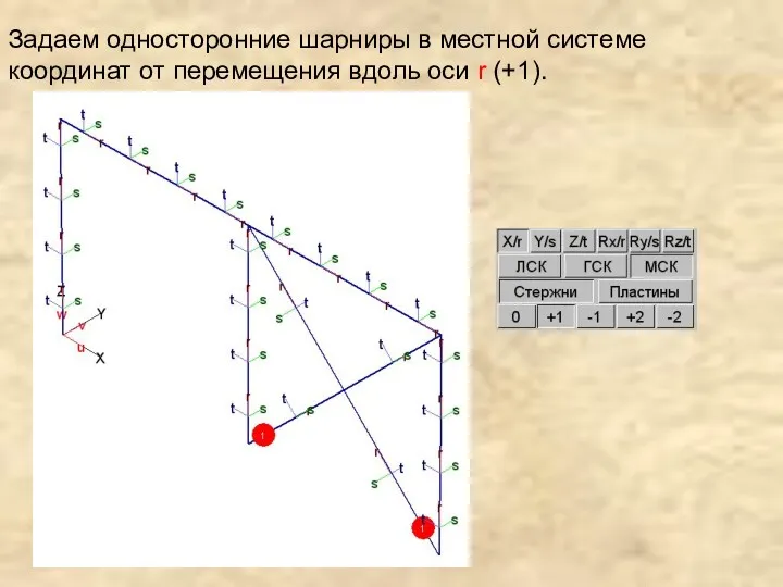 Задаем односторонние шарниры в местной системе координат от перемещения вдоль оси r (+1).