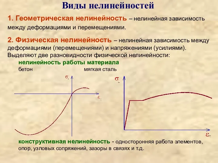 Виды нелинейностей 1. Геометрическая нелинейность – нелинейная зависимость между деформациями