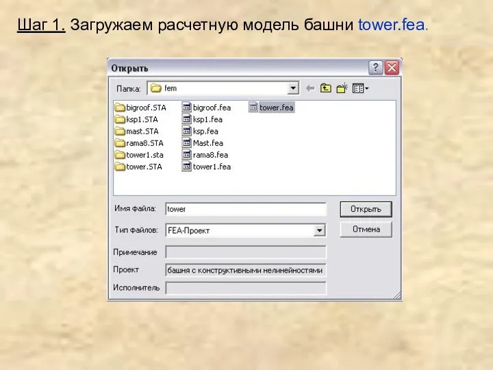 Шаг 1. Загружаем расчетную модель башни tower.fea.
