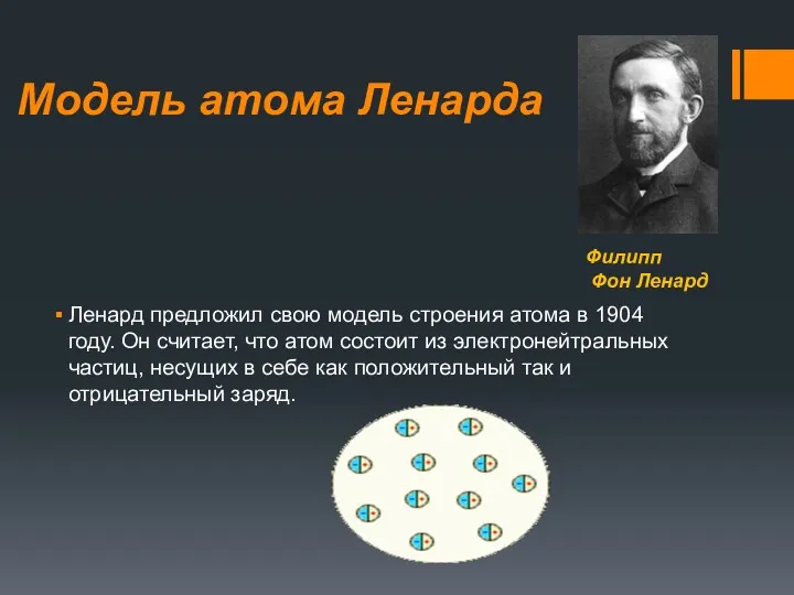 Модель атома Ленарда Ленард предложил свою модель строения атома в