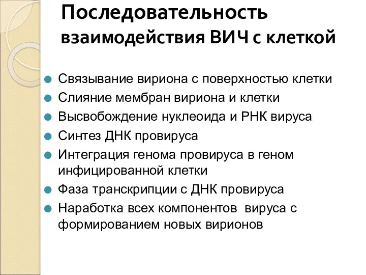 Последовательность взаимодействия ВИЧ с клеткой Связывание вириона с поверхностью клетки