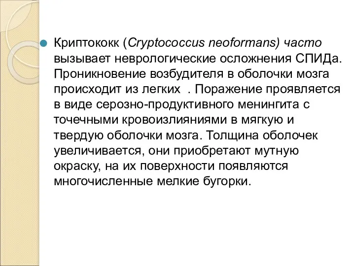 Криптококк (Cryptococcus neoformans) часто вызывает неврологические осложнения СПИДа. Проникновение возбудителя