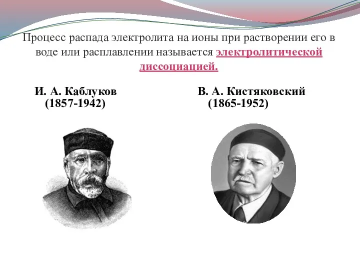 И. А. Каблуков (1857-1942) Процесс распада электролита на ионы при