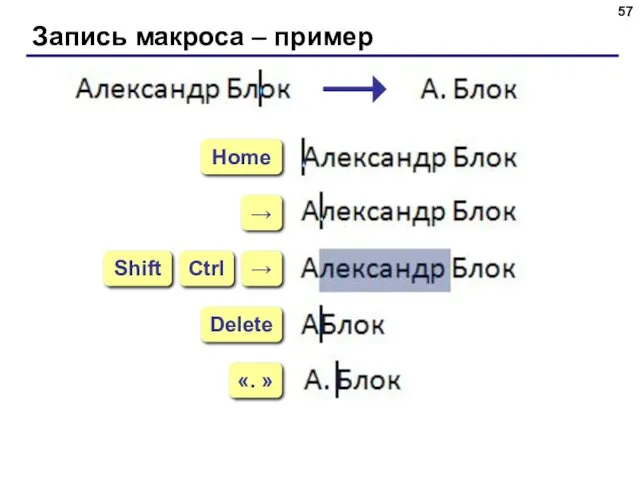 Запись макроса – пример Home → → Delete «. » Ctrl Shift