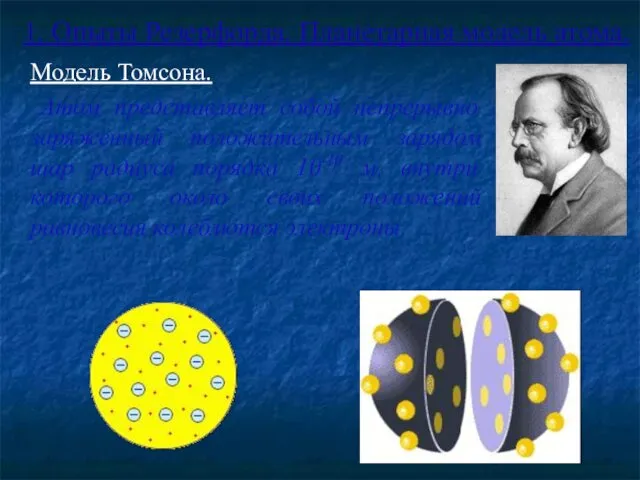 1. Опыты Резерфорда. Планетарная модель атома. Модель Томсона. Атом представляет собой непрерывно заряженный