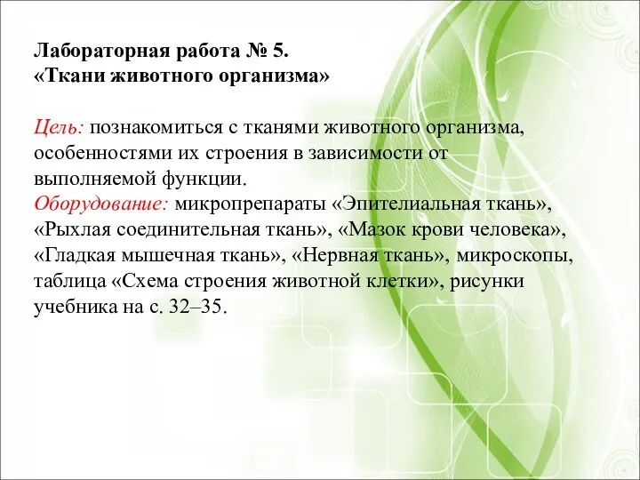 Лабораторная работа № 5. «Ткани животного организма» Цель: познакомиться с