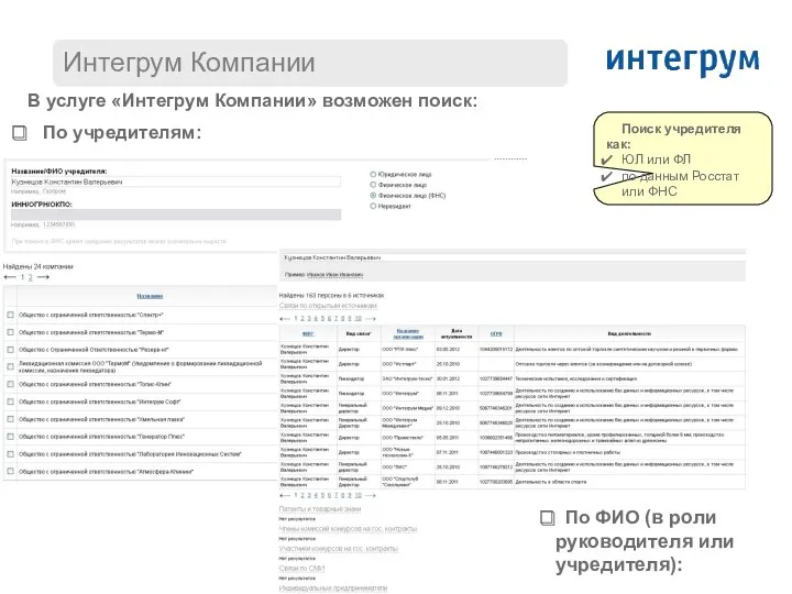 В услуге «Интегрум Компании» возможен поиск: По учредителям: Поиск учредителя
