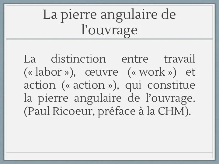 La pierre angulaire de l’ouvrage La distinction entre travail (« labor »), œuvre