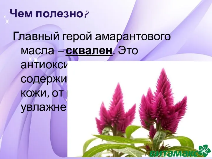 Чем полезно? Главный герой амарантового масла – сквален. Это антиоксидантное