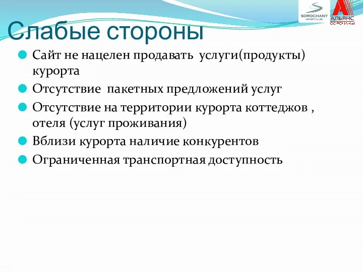 Слабые стороны Сайт не нацелен продавать услуги(продукты) курорта Отсутствие пакетных предложений услуг Отсутствие