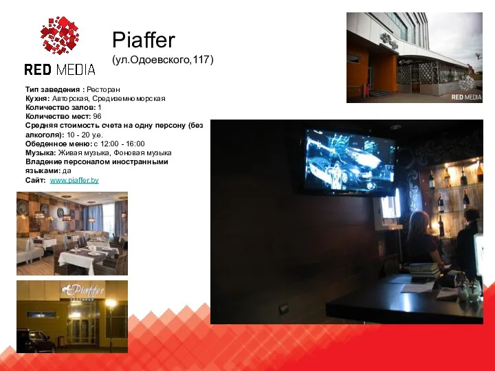 Piaffer (ул.Одоевского,117) Тип заведения : Ресторан Кухня: Авторская, Средиземноморская Количество залов: 1 Количество