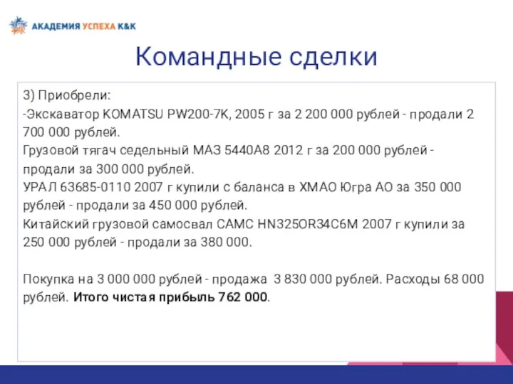 Командные сделки 3) Приобрели: -Экскаватор KOMATSU PW200-7K, 2005 г за