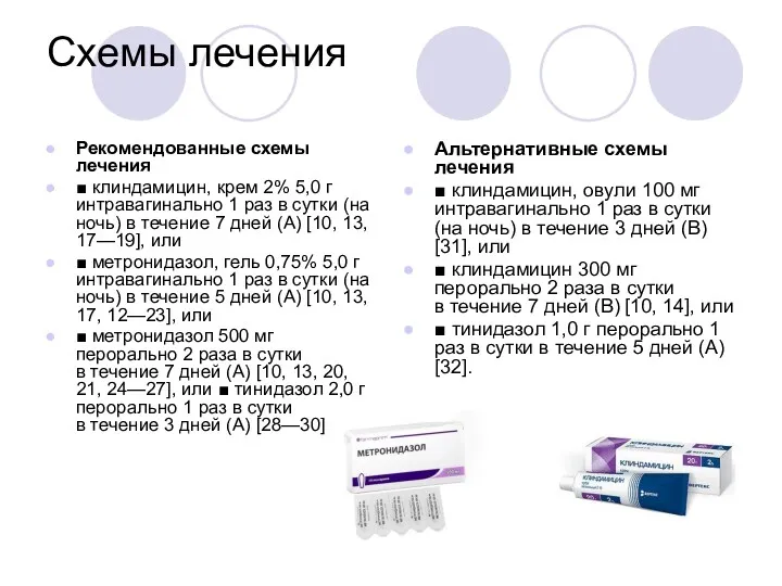 Схемы лечения Рекомендованные схемы лечения ■ клиндамицин, крем 2% 5,0 г интравагинально 1