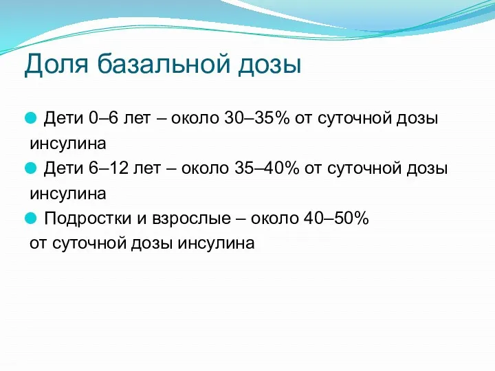 Доля базальной дозы Дети 0–6 лет – около 30–35% от суточной дозы инсулина