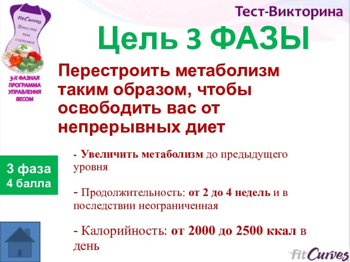 Цель 3 ФАЗЫ 3 фаза 4 балла Перестроить метаболизм таким