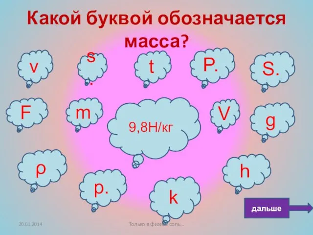 Какой буквой обозначается масса? F V g s. t P.