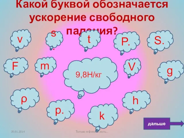 Какой буквой обозначается ускорение свободного падения? F V g s.