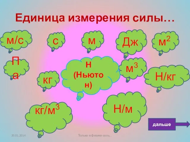 Единица измерения силы… Па м3 Н/кг c м Дж м/c