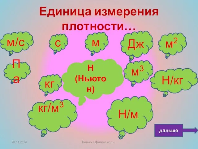 Единица измерения плотности… Па м3 Н/кг c м Дж м/c